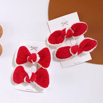 1 Par Novo de Outono e Inverno Série Vermelha de Lã de Pelúcia Arco Grampos de cabelo e Acessórios para o Cabelo Moda coreana Doce Menina Crianças Headwear