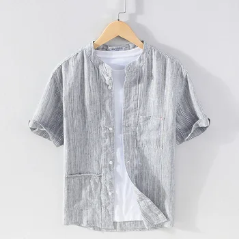 100% Linho novo estilo stand colarinho faixa de verão, camisa de homens de manga curta casual de moda de camisas para homens tops mens roupas camisa