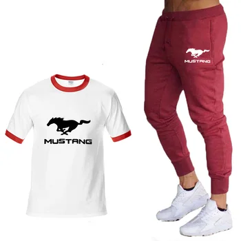 2020 Verão de Novo Mens manga Curta Mustang Logotipo do carro de impressão de T-Shirt de Algodão de alta qualidade camiseta+shorts terno 2pcs
