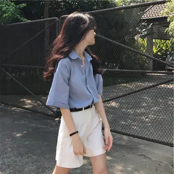 2021 Verão Nova Mulher Terno Azul de Manga Curta + Terno Branco Calça Curta, roupa de Duas peças