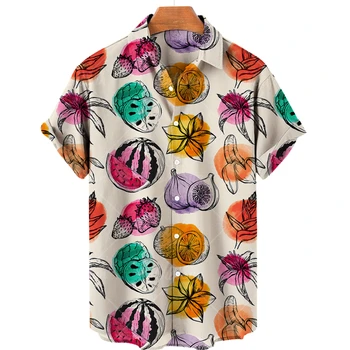 2022 Havaiano fruto de impressão homens lapela da camisa de manga curta, com gola abacaxi padrão de moda casual tops homens verão solto nova camisa 5XL