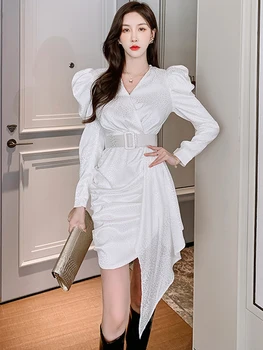 Alta Qualidade Vestido Branco para as Mulheres 2022 Cetim Puff Manga Dobras Fita Slim Hip Pacote Femme Vestidos Data da Festa de Rua Vestidos