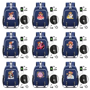 Anime Card Captor Sakura Backpack do Laptop Sacos de Escola Bookbag de Carga USB Interface de Mulheres Meninas Ombro Saco de Viagem de Lazer Saco