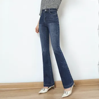 Azul Slim Cintura Alta Jeans de Mulheres Streetwear Jeans Sino Inferior Calças Básicas de Escritório Magro Hip elevador Calça de algodão Feminino