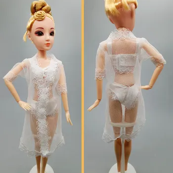 Bonecas De Moda Pijama De Pijamas, Lingerie De Renda Pelagem Longa Noite De Desgaste + Soutien + Cueca Roupas Para A Barbie 1/6 Boneca De Brinquedo Acessórios