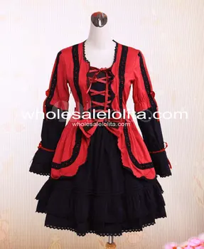 Bonito Laço Vermelho Escuro E Preto de Algodão Gothic Lolita Vestido Lolita Canal de Vestido de baile 6XL Para a Venda de Chá Vestido de Festa