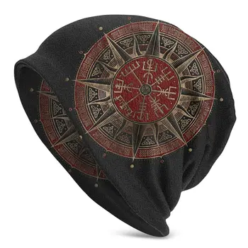 Bonnet Chapéus Adultos, Homens de Chapéu de Malha de Vegvisir Viking Bússola chapéus Gráfico Vegvisir Viking Bússola Preto e vermelho Chapéu de Tricô