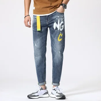 Calças de brim dos Homens Soltos Perna Reta Calças de Elástico a Vitalidade da Juventude de Impressão Confortável Moda Casual e Versátil Grande Calças Jeans