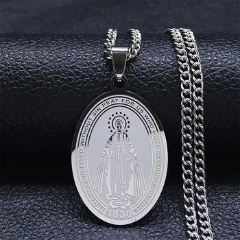 Católica Virgem de Aço Inoxidável Cruz Religiosa Cadeia de Colar Oval Cor de Prata Colar de Jóias Pingentes cadenas mujer N2294S0