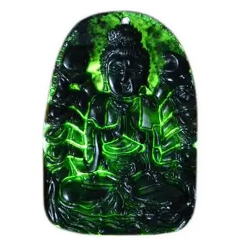 Chinês Natural Preto Verde Jadeite Jade Colar Pingente Mão-carved Bodhisattv