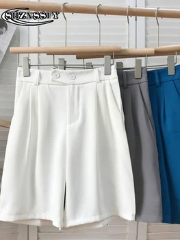 Cintura alta, Shorts de Mulheres de Verão Casual Solta trajes Brancos com Shorts, as Mulheres formam a Perna Larga Shorts de Algodão Botão Mulheres de Shorts