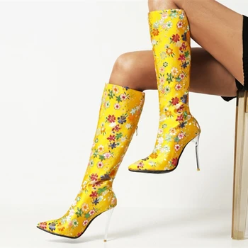 Clássico Bordado Sapatos Botas de estampa Floral Sexy Senhora, Botas de Salto Alto Sapatos de Vestido Pontiagudo Dedo do pé altura do Joelho, Tamanho 43