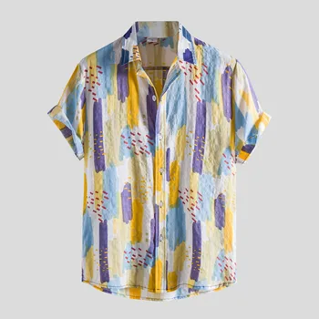 Colar de Impressão de Cor de Curto, masculina Casual Manga de Camisa de Botão Blusa de abertura de Homens Camisas Pequena Camisa de Manga Longa e Homens