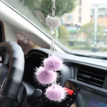 Criativo cabelo bola bola de cristal bling carro pingente de pêssego coração espelho retrovisor de carro do pendão de Enfeites para a decoração do carro acessórios