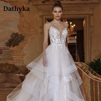 Dathyka Elegante V-Pescoço Em Camadas Longo De Vestidos De Noiva Para Mariages Apliques De Renda Pérola De Espaguete Fita Para O Longo Vestido De Casamento Para A Noiva