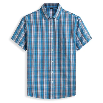De alta qualidade, de tamanho mais curto de manga do algodão dos homens verão confortável camisa xadrez de negócios formal desgaste ocasional solta plus size