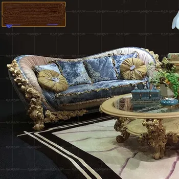 Deluxe all madeira maciça esculpida combinação sofá francês villa sala de tecido rosa sofá