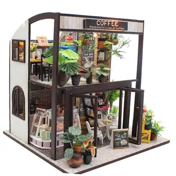 DIY em Miniatura Casa de bonecas Mobiliário Kit de Brinquedo de Madeira, Café, Loja de Artesanato de Presente de Natal