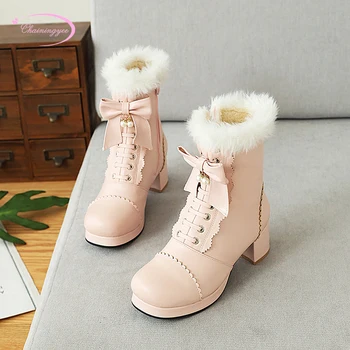 Doce estilo Princesa do dedo do pé redondo inverno quente botas de neve bowknot zíper lace-up médio de salto chunky tornozelo botas sapatos mulheres