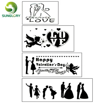 Feliz Dia dos Namorados Fondant de Decoração de 4PCS Bolo de Amor Estêncil de Decoração de Casamento Cupcake Modelo de Molde Ferramentas de Cozimento Para Bolos