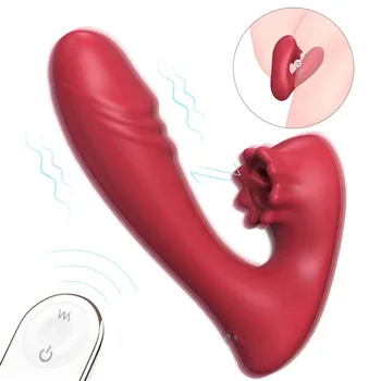 Feminino chupando vibração vara, o clitóris língua lambendo massagem, usando vibrador, alongamento e balançando vaginal prótese