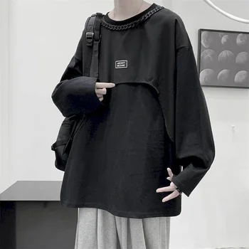 Fonekie 2021 outono e inverno, o preto e o branco patch camisola dos homens de correias de Hong Kong estilo aluno casaco pullover de costura