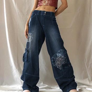 Grunge Cintura Baixa Largas calças de Brim das Mulheres da década de 90 Calças Cargo Streetwear Bolsos de Retalhos Y2K Jeans Namorado Retro Impresso Mom