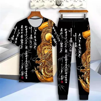 Homens Casual Terno de Esportes de Verão Nova Tendência de Estilo Chinês, a Impressão 3D de mangas Curtas com Gola Redonda Blusa de Cintura Elástica Calças M-4XL