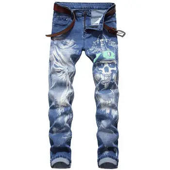 Homens de Ajuste Fino de Cor do Impresso Elástico Jeans 3D Personalizado de Jeans, Calças