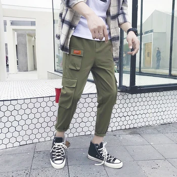 Homens de Calças Cargo Hip Hop Solta bolso de Multi Cor Sólida calças de Lazer de Moda Elástica Corredores de Rua trajes de Harajuku Sweatpant