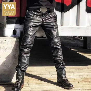 Homens de Jeans com Patchwork de Couro Genuíno Calças de Streetwear Reta Motociclista Calças Casuais Multi-Bolsos de Couro Calças Cargo do sexo Masculino S-2XL