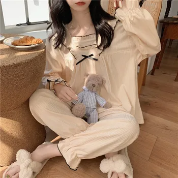 Kawaii Arco Quadrado Colar De Algodão Roupa De Dormir Mulheres Coreano Ins De Manga Longa Casual De Duas Peças De Casa De Terno Doce Suave Pijama Conjunto