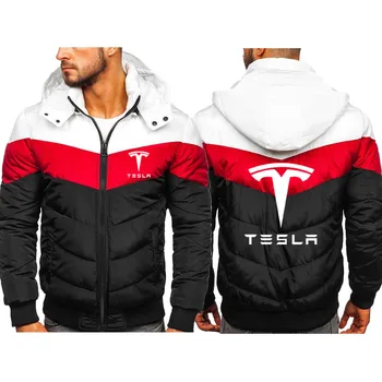 Masculinos de alta qualidade zip jaqueta de Tesla logotipo do carro de impressão de Inverno Permeável Engrossar o algodão, o revestimento dos Homens de Moda da cor do contraste casaco novo
