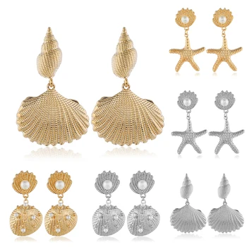 Moda criativa brincos para mulheres com liga de imitação shell/estrela-do-mar e embutimento falso pearl design feminino brincos kolczyki