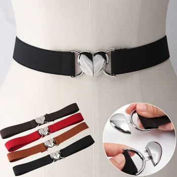 Moda de Lona Cintos de Mulheres Multicolor Elástica Ajustável Cintura, os Cintos de Metal com Forma de Coração Fivela Uniforme Vestido Decorações