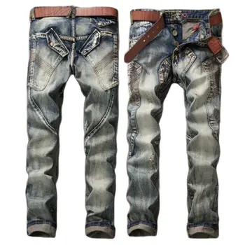 Moda de Perna Reta calças de Brim dos Homens Punk, Vintage Motociclista de Moto de Calças de Moda de Retalhos Masculino Calças Jeans