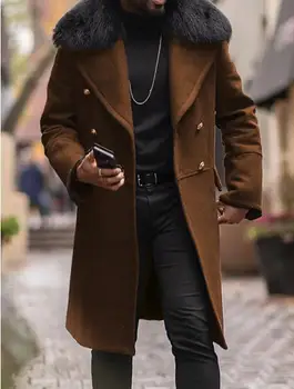 Moda Homens Coats Novo Outono Inverno Britânico Tamanho Grande Streetwear Sobretudo Duplo Botão De Linha Marrom Costura Lateral Bolso Da Jaqueta