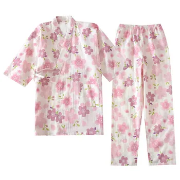 Mulheres Doces com estampa Floral Bonito Estilo Fresco de Primavera E de Outono Nova Senhoras Quimono Japonês V-Pescoço Roupas+Calças 2Pcs Homewear