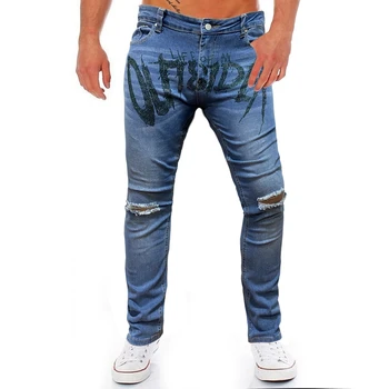 Nova Moda masculina Jogging Todos-correspondência Azul Skinny Jeans Rasgados Trecho Soft Slim Avançada Strass Lápis, Calças Jeans Calças