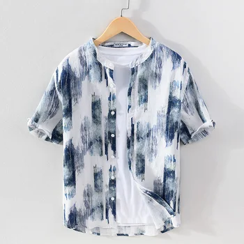 Novo estilo Suehaiwe a marca de puro linho curto mangas de camisa de moda masculina stand gola de camisas para homens tops de mens vestuário de camisa