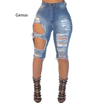 Novo Sexy Mulheres Senhoras Jeans Skinny Rasgada Shorts De Cintura Alta Buraco Destruído Drapeado Trecho Bodycon Jeans Slim Shorts