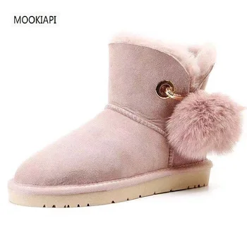O mais recente de pele de carneiro genuína que, em 2019, lã natural das mulheres botas de neve, de cano curto sapatos femininos com bolas, cinco cores