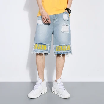 O verão dos Homens Novos Curto Destruído Jeans Casual Slim Fit Botão do Joelho-Comprimento Desfiado Calças Jeans Masculino Calças Jogger Ripped Pants