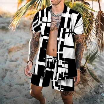 Os homens de ternos impresso costura lapela manga curta camisas casuais calções de praia de verão, rua de lazer, de férias Havaiano ternos para m