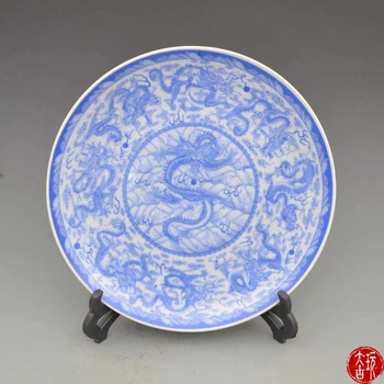 Raro antigo prato de porcelana Chinesa,Nove dragões,branco e azul, frete Grátis