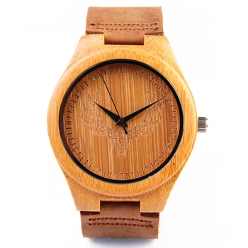 Relógio de 2017, 100% feito à mão com Sólida Madeira de Bambu Mens Watch Luxo Cabeça de Cervo Relógios de Quartzo Real Pulseira de Couro relógio de Pulso Para Homens