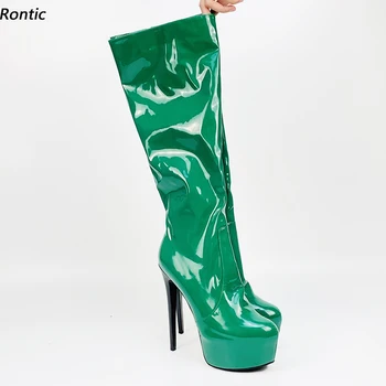 Rontic Artesanal de Mulheres do Joelho Botas de Couro de Patente Sexy de Salto Agulha do Dedo do pé Redondo Muito Verde Preto Azul Cosplay Sapatos EUA Tamanho de 5 a 20