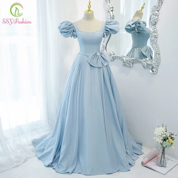 SSYFashion nova luz azul de cetim vestido de noite para mulheres Elegantes princesa puff manga de uma linha de baile, vestidos de festa vestidos de noche