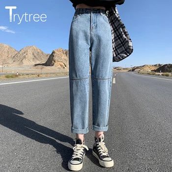 Trytree 2020 AW Mulheres Jeans Casual Streetwear do Tornozelo-Comprimento de Calças de Harém Demin Calças para Mulheres Bolsos Solta Elástico de Cintura Alta Jeans