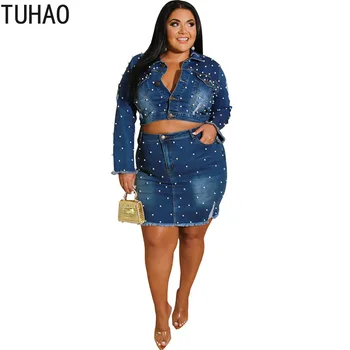 TUHAO 2020 Primavera, Duas Peças de Conjunto Jaqueta Jeans Terno de Alta Streetwear Mulheres Conjuntos Plus Size 5XL 4XL 3XL Feminino de Jeans, Ternos WM128